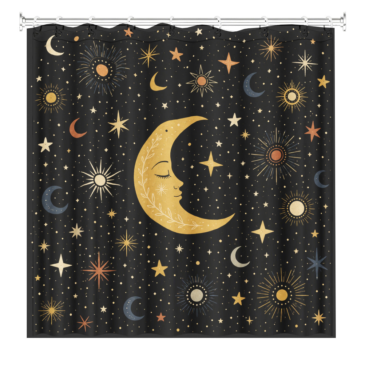 Celestial Sun Moon Star Shower Curtain Vintage Boho Waterproof Bath Decor