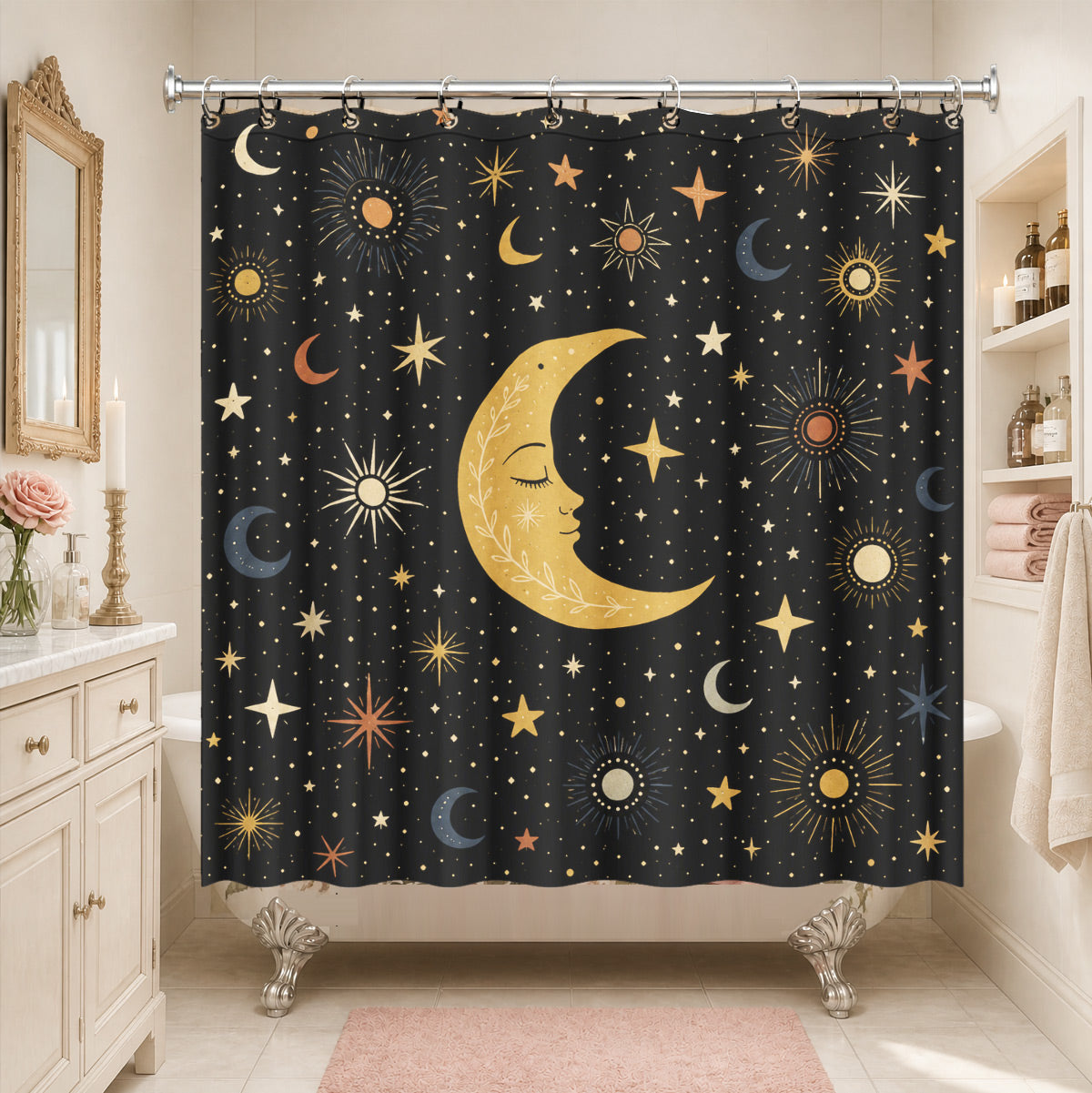 Celestial Sun Moon Star Shower Curtain Vintage Boho Waterproof Bath Decor