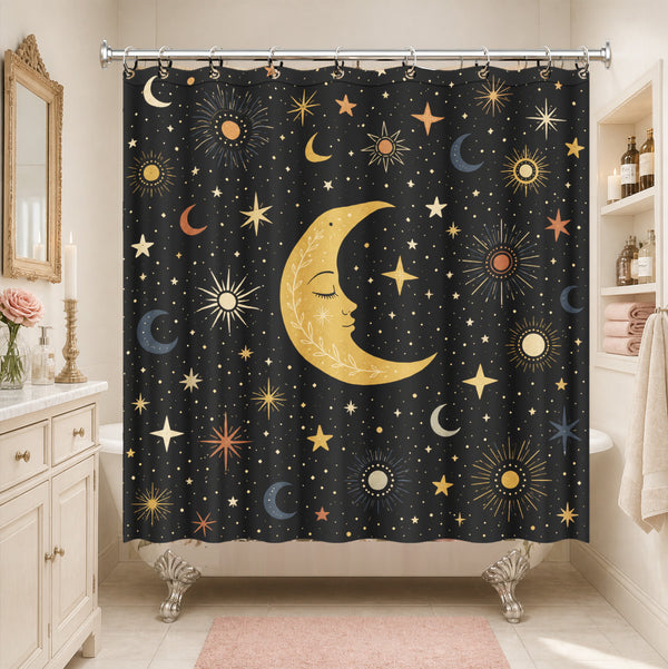 Celestial Sun Moon Star Shower Curtain Vintage Boho Waterproof Bath Decor