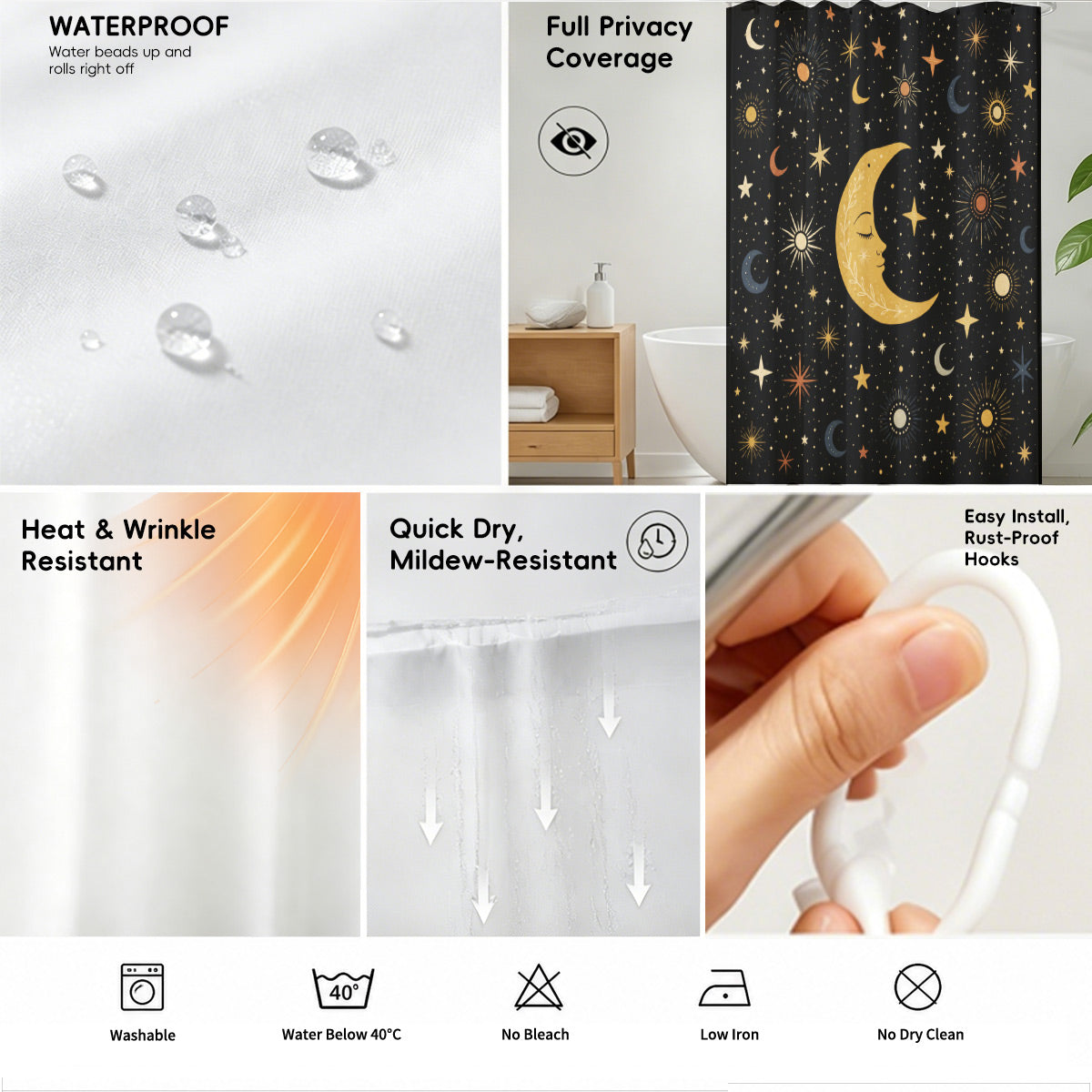 Celestial Sun Moon Star Shower Curtain Vintage Boho Waterproof Bath Decor
