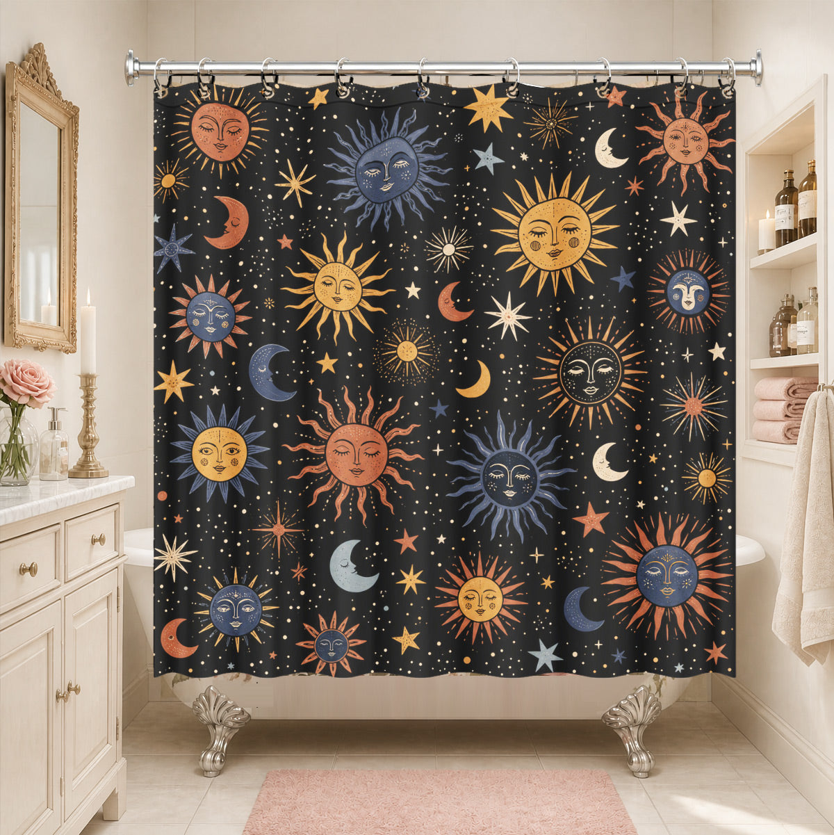 Celestial Sun Moon Star Shower Curtain Vintage Boho Waterproof Bath Decor