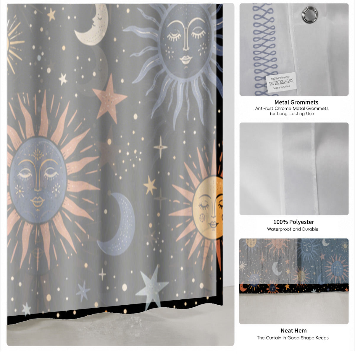 Celestial Sun Moon Star Shower Curtain Vintage Boho Waterproof Bath Decor