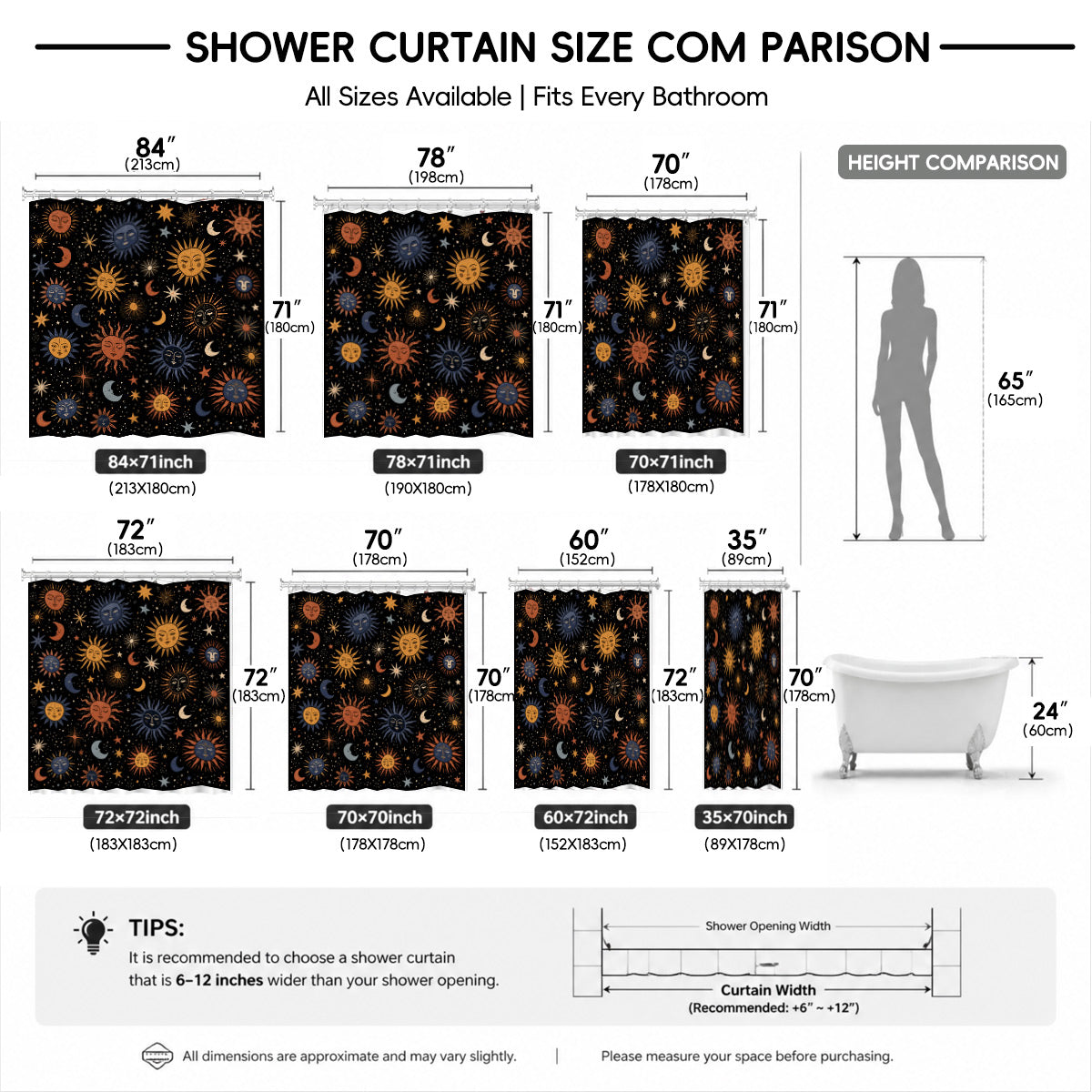 Celestial Sun Moon Star Shower Curtain Vintage Boho Waterproof Bath Decor