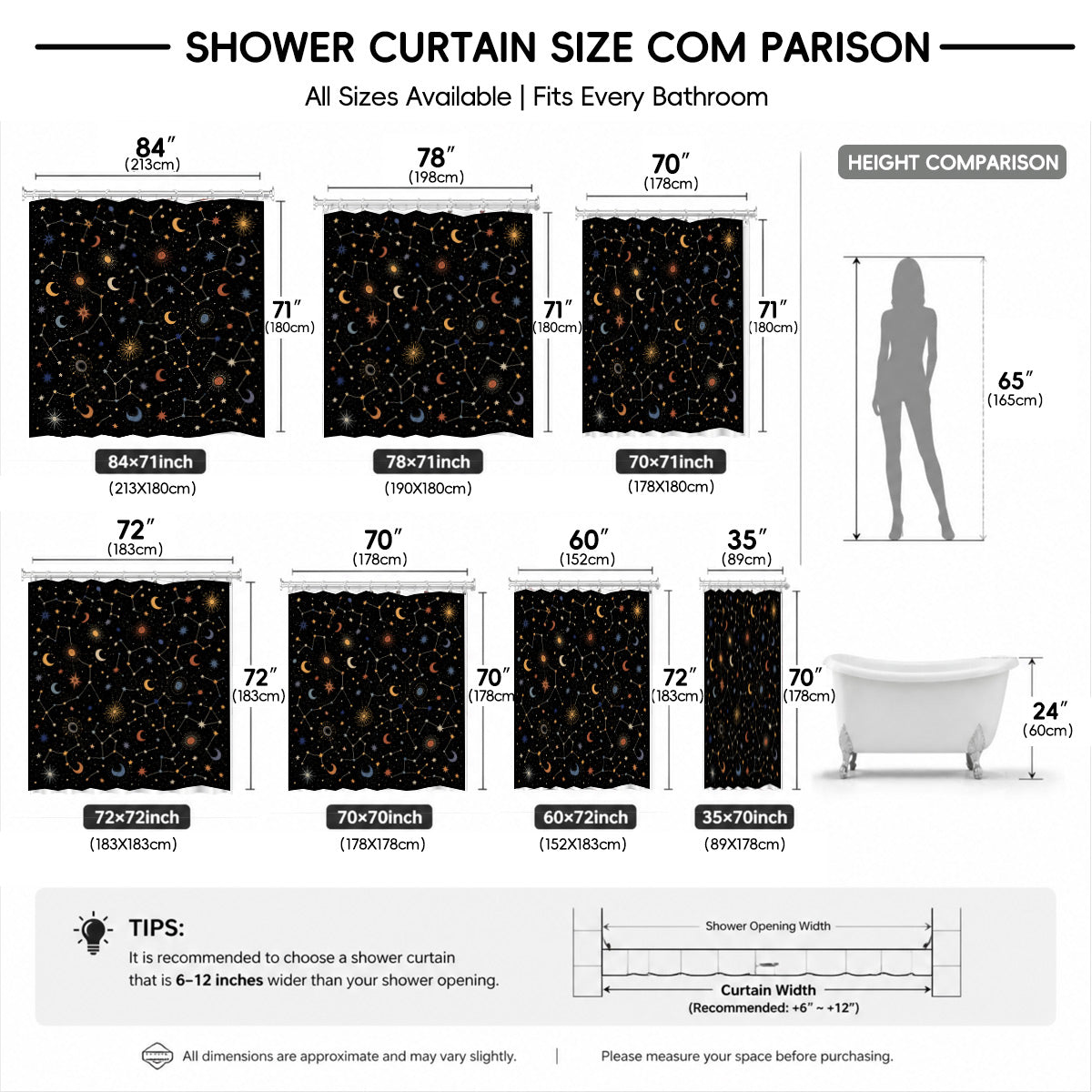 Celestial Sun Moon Star Shower Curtain Vintage Boho Waterproof Bath Decor