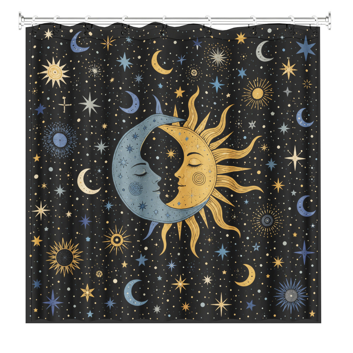 Celestial Sun Moon Star Shower Curtain Vintage Boho Waterproof Bath Decor