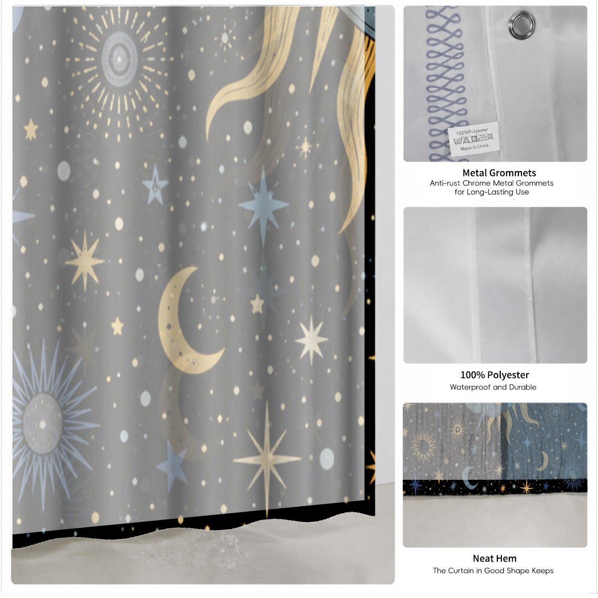 Celestial Sun Moon Star Shower Curtain Vintage Boho Waterproof Bath Decor