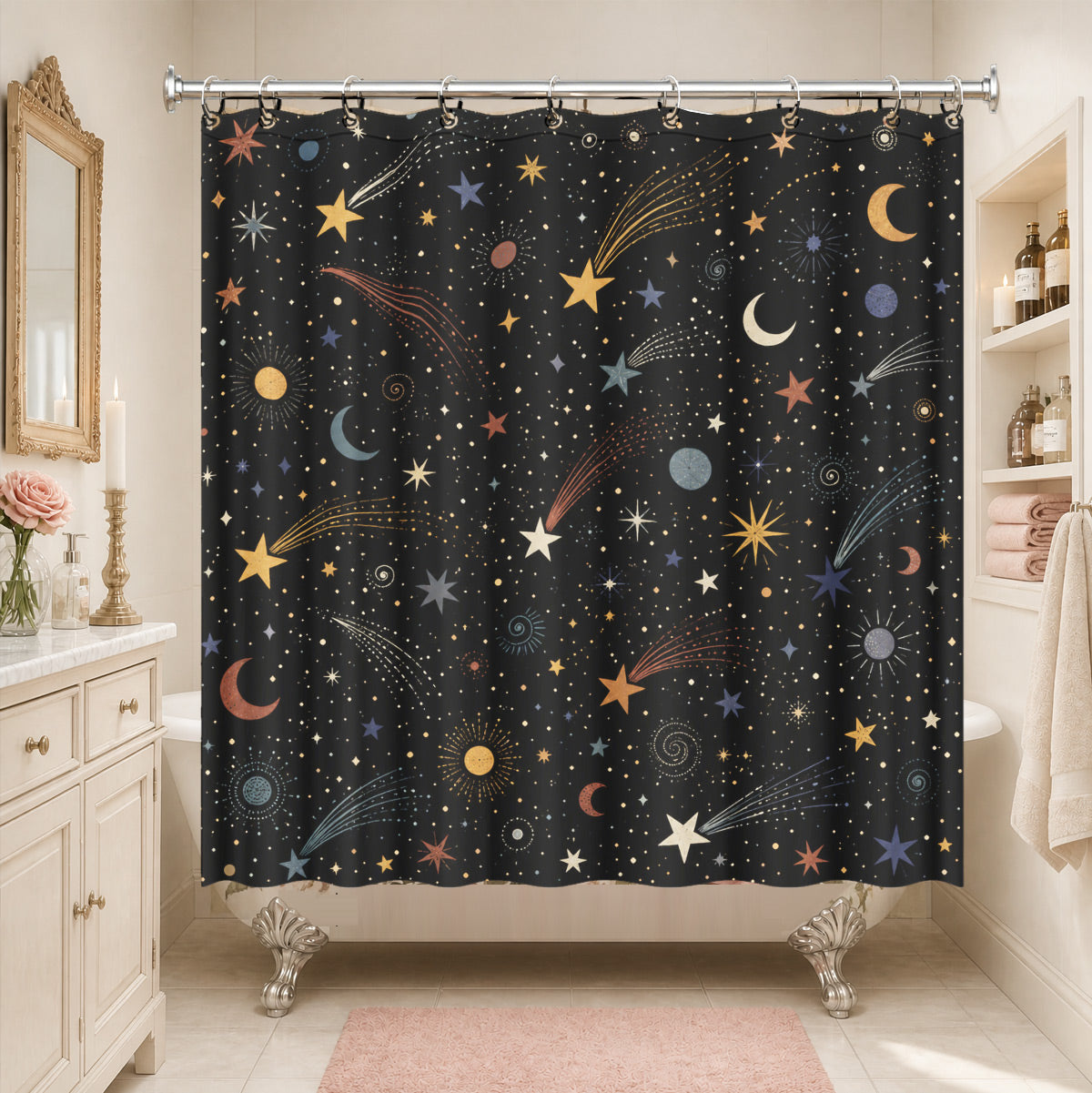 Celestial Sun Moon Star Shower Curtain Vintage Boho Waterproof Bath Decor