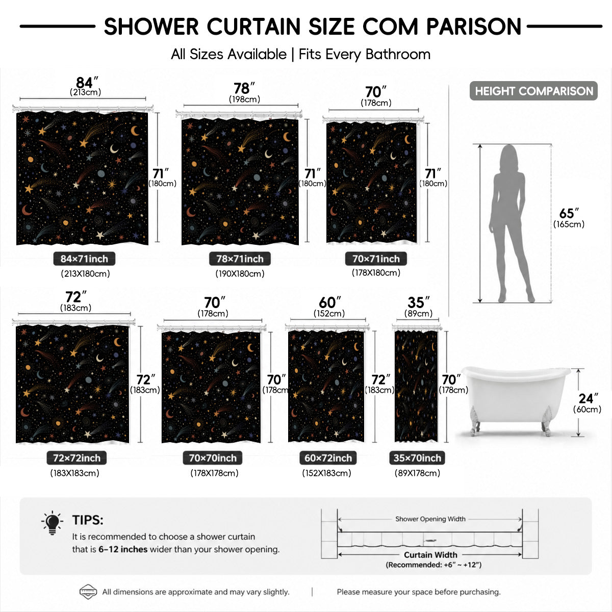 Celestial Sun Moon Star Shower Curtain Vintage Boho Waterproof Bath Decor