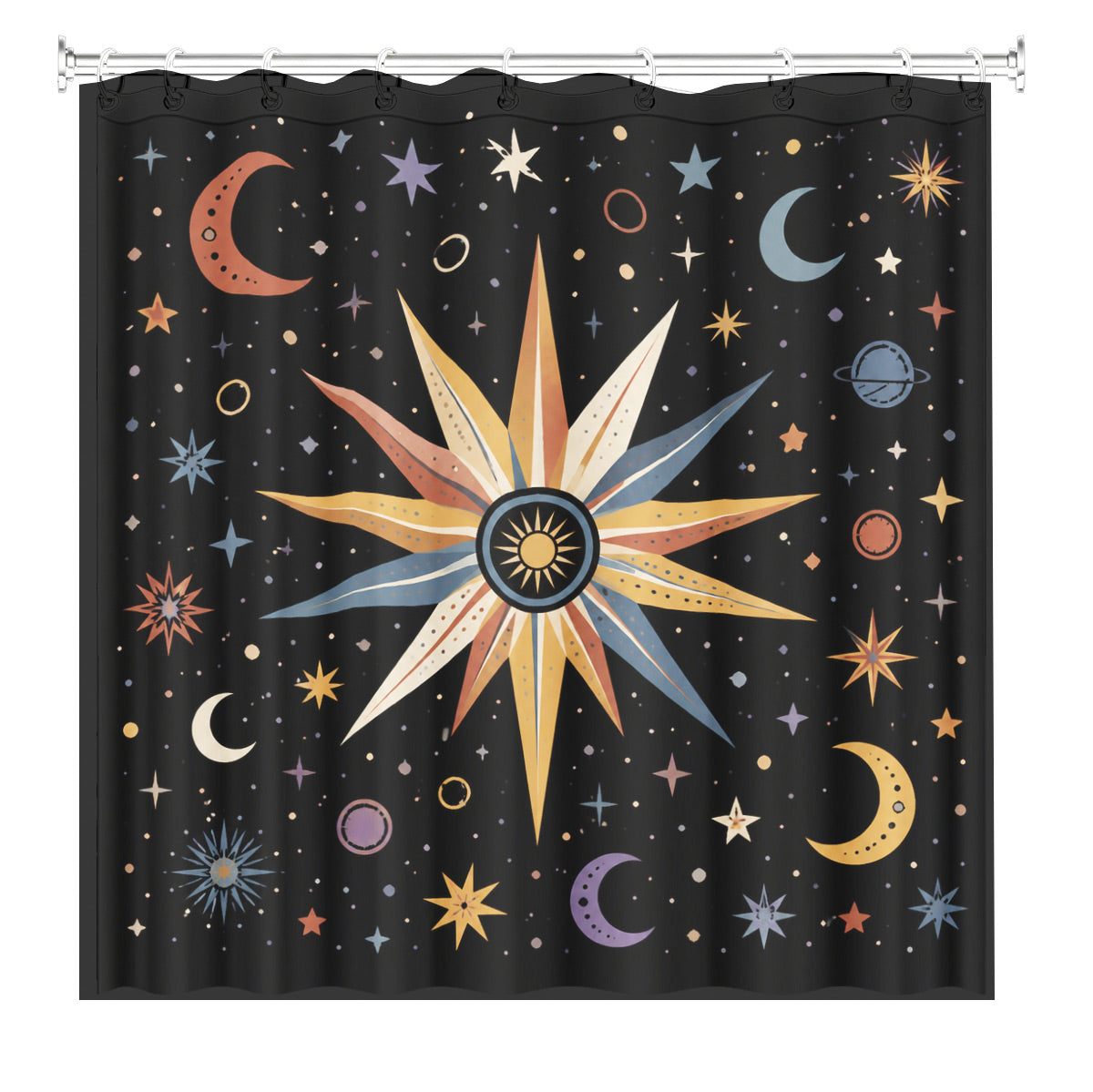 Celestial Sun Moon Star Shower Curtain Vintage Boho Waterproof Bath Decor