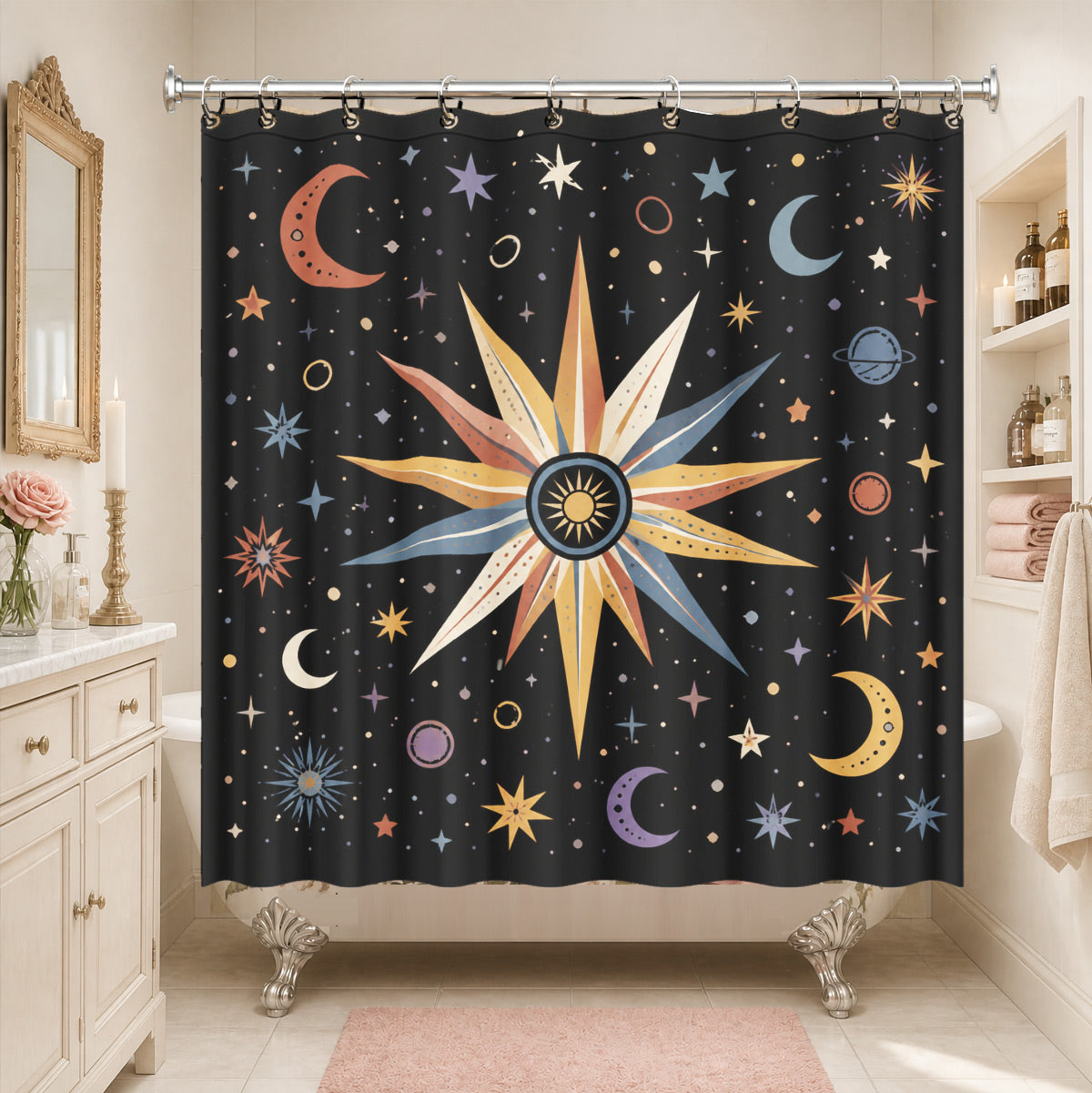 Celestial Sun Moon Star Shower Curtain Vintage Boho Waterproof Bath Decor