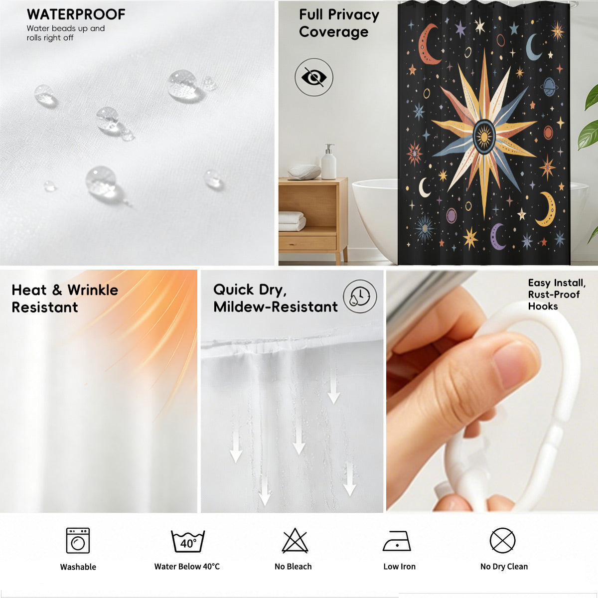 Celestial Sun Moon Star Shower Curtain Vintage Boho Waterproof Bath Decor
