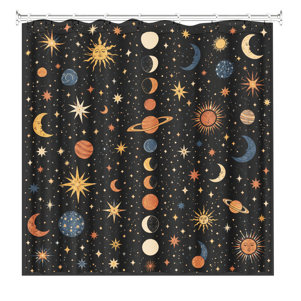 Celestial Sun Moon Star Shower Curtain Vintage Boho Waterproof Bath Decor