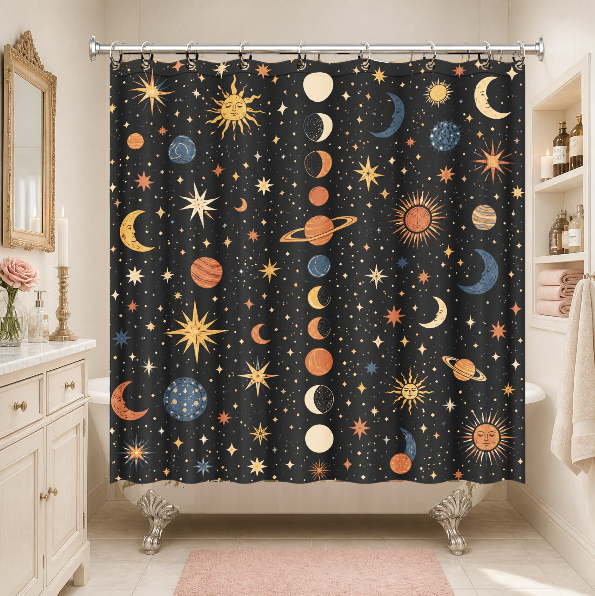 Celestial Sun Moon Star Shower Curtain Vintage Boho Waterproof Bath Decor