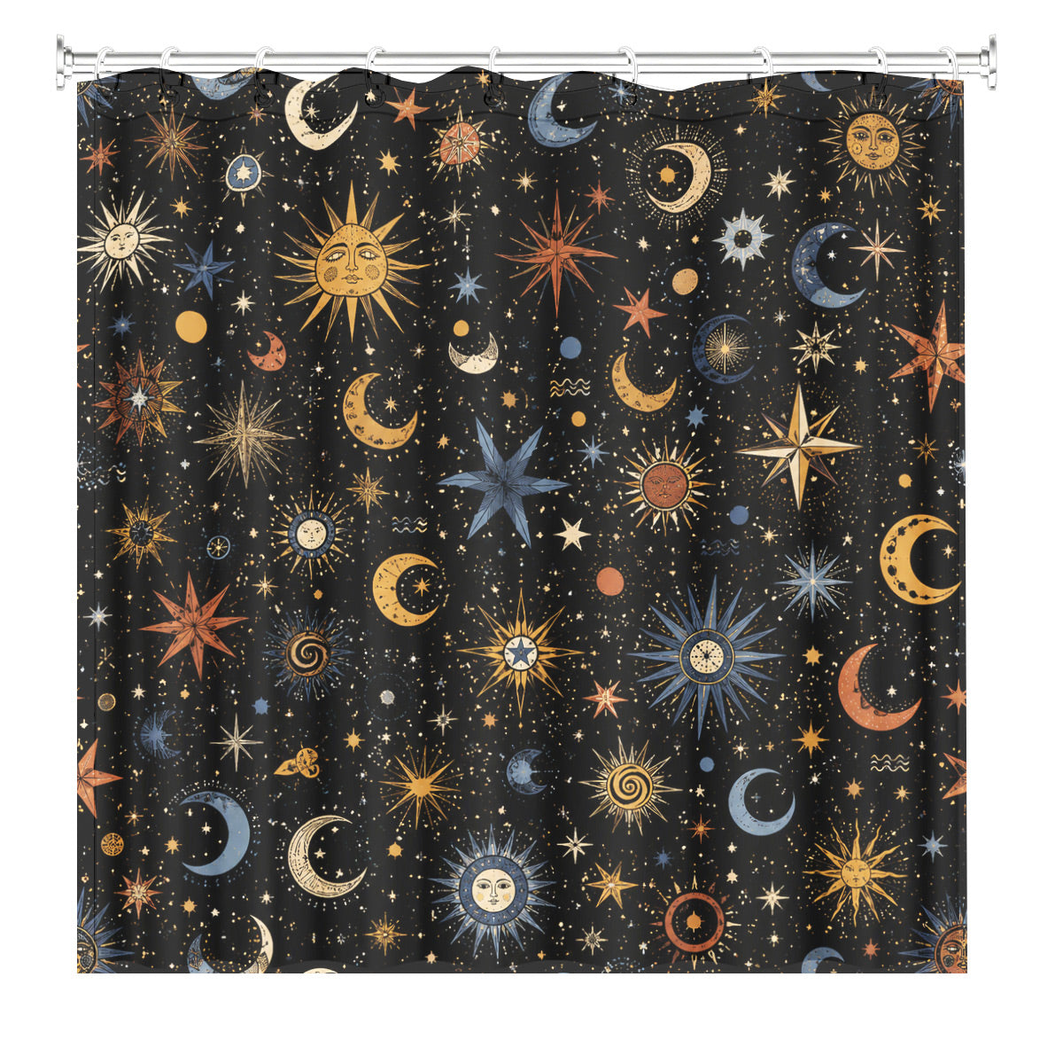 Celestial Sun Moon Star Shower Curtain Vintage Boho Waterproof Bath Decor