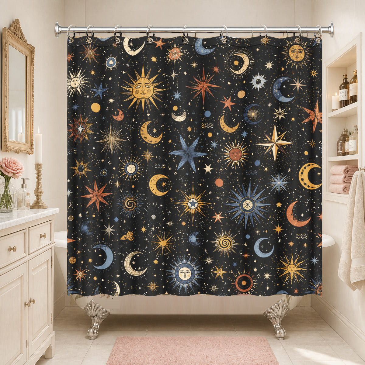 Celestial Sun Moon Star Shower Curtain Vintage Boho Waterproof Bath Decor