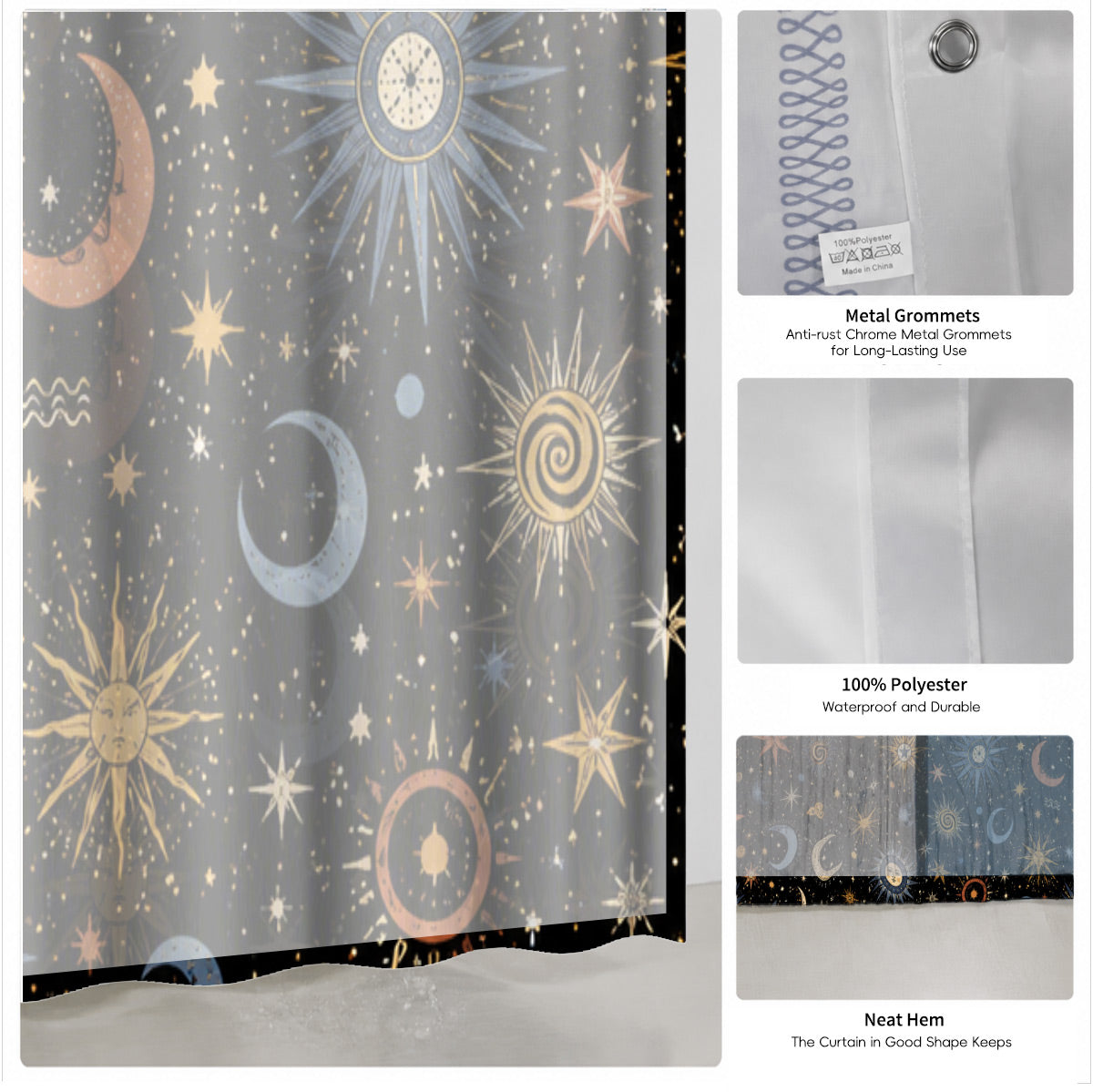 Celestial Sun Moon Star Shower Curtain Vintage Boho Waterproof Bath Decor
