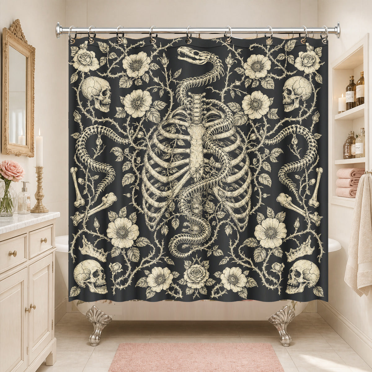 Shower Curtain Skeleton Floral Vintage Etched Dark Academia Waterproof Decor