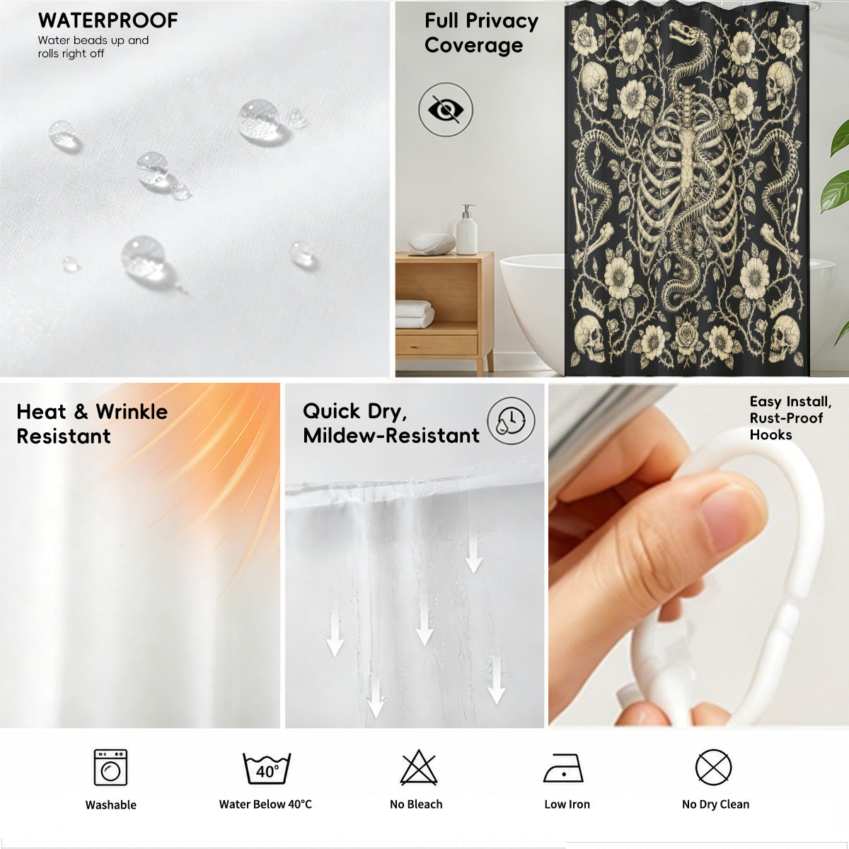 Shower Curtain Skeleton Floral Vintage Etched Dark Academia Waterproof Decor