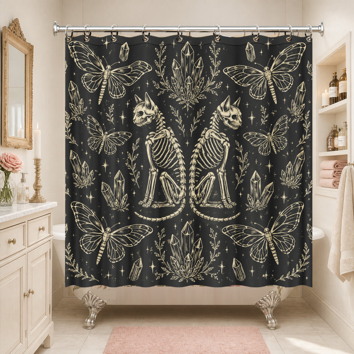 Shower Curtain Skeleton Floral Vintage Etched Dark Academia Waterproof Decor