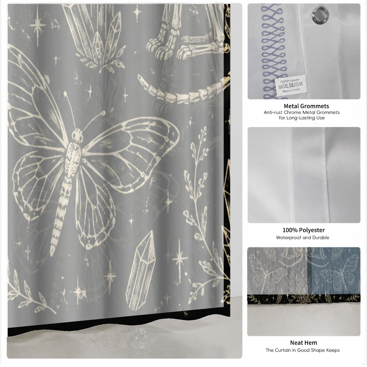 Shower Curtain Skeleton Floral Vintage Etched Dark Academia Waterproof Decor