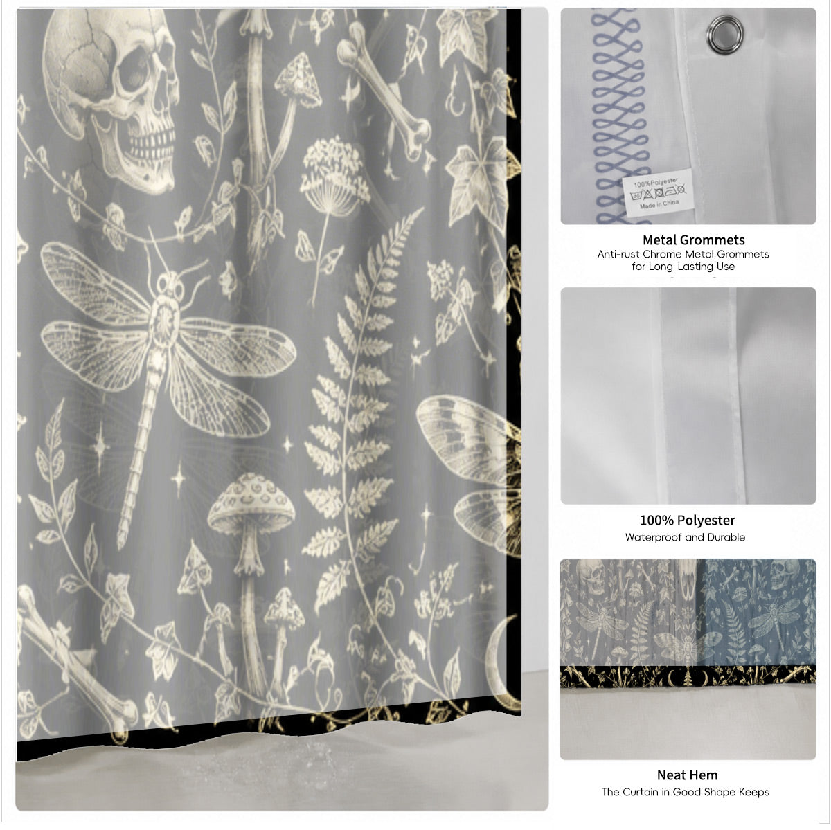 Shower Curtain Skeleton Floral Vintage Etched Dark Academia Waterproof Decor