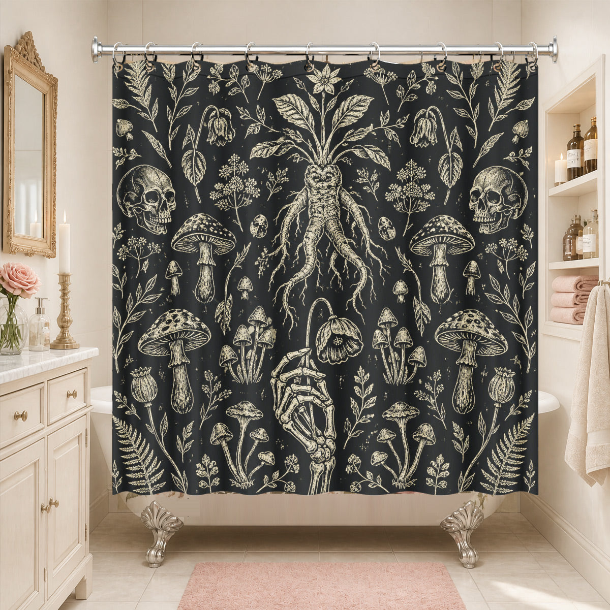 Shower Curtain Skeleton Floral Vintage Etched Dark Academia Waterproof Decor