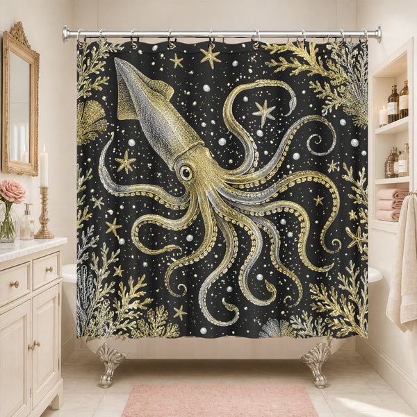 Vintage Ocean Animals Shower Curtain Nautical Gold Waterproof Decor