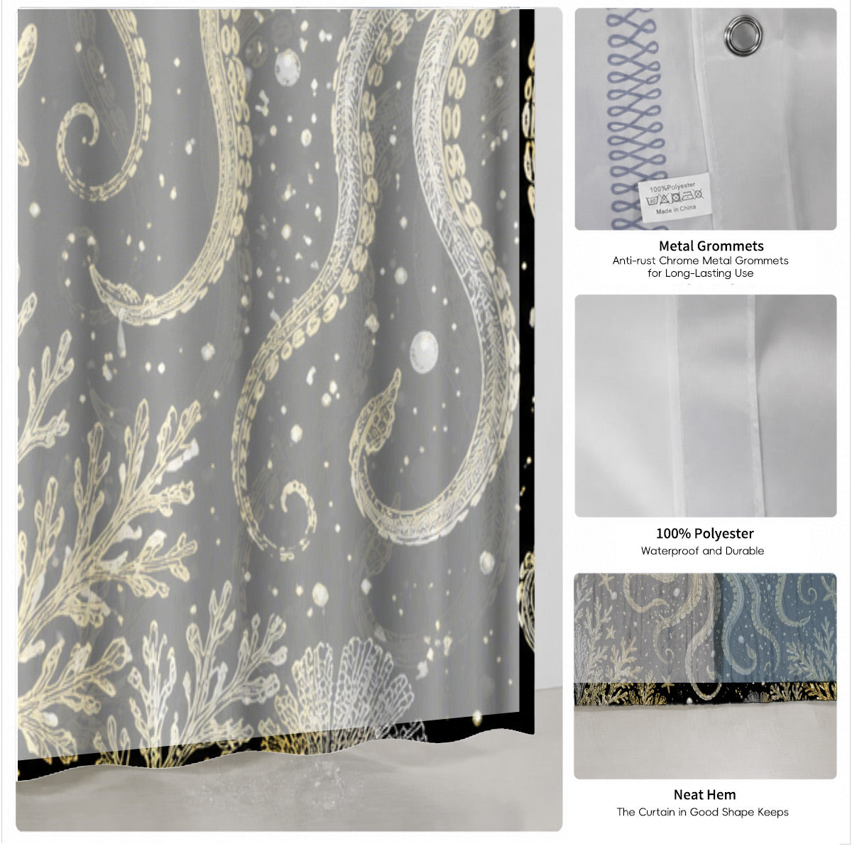 Vintage Ocean Animals Shower Curtain Nautical Gold Waterproof Decor