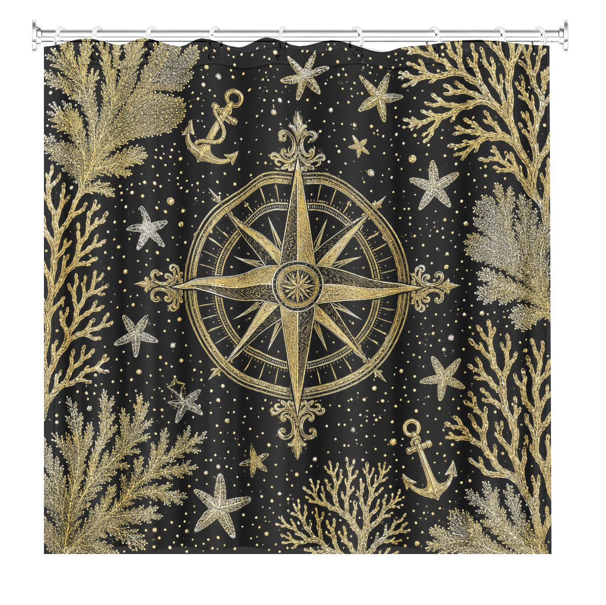 Vintage Ocean Animals Shower Curtain Nautical Gold Waterproof Decor
