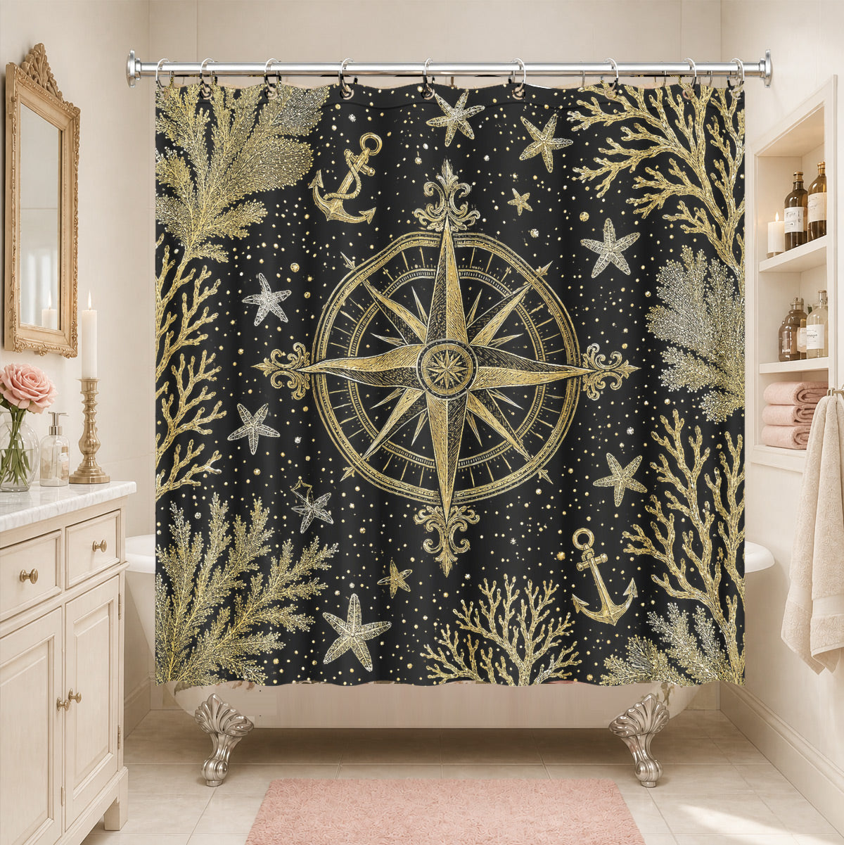 Vintage Ocean Animals Shower Curtain Nautical Gold Waterproof Decor