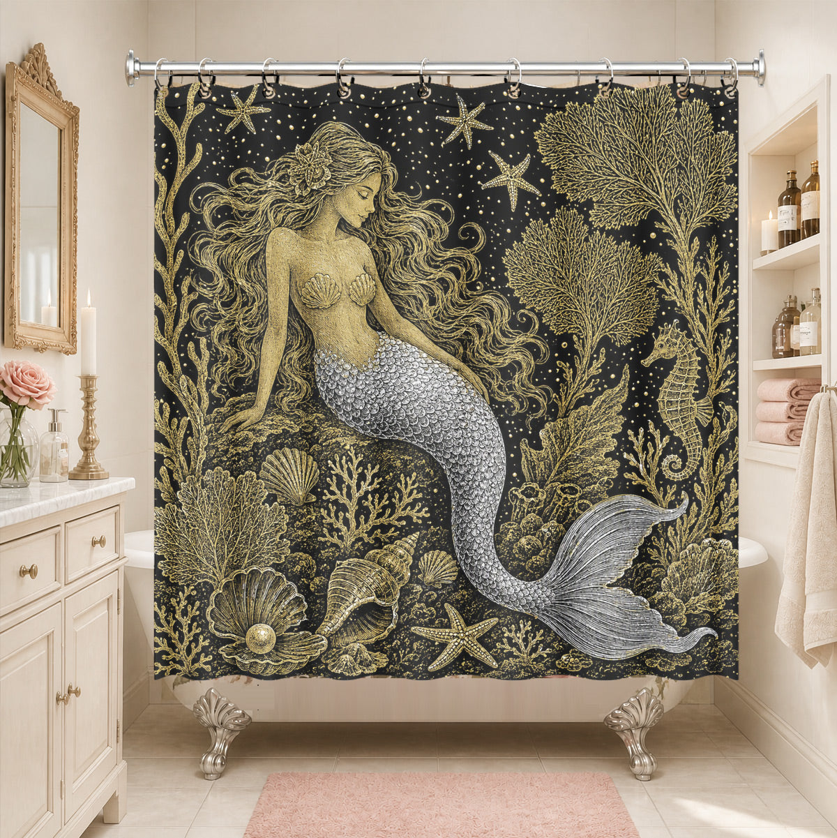 Vintage Ocean Animals Shower Curtain Nautical Gold Waterproof Decor