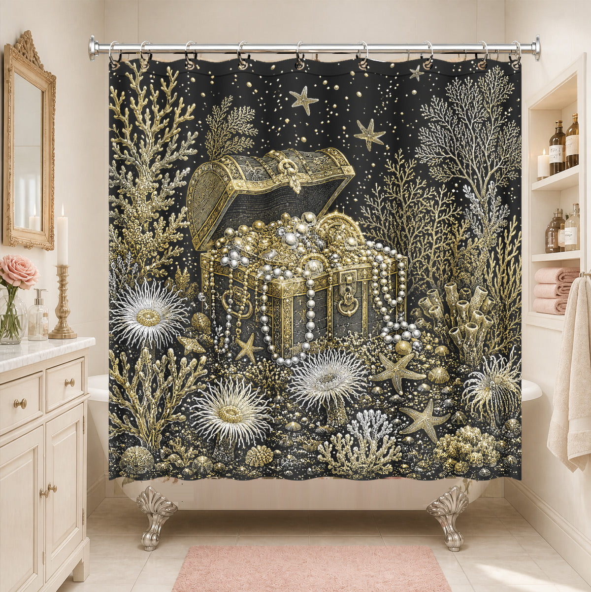 Vintage Ocean Animals Shower Curtain Nautical Gold Waterproof Decor