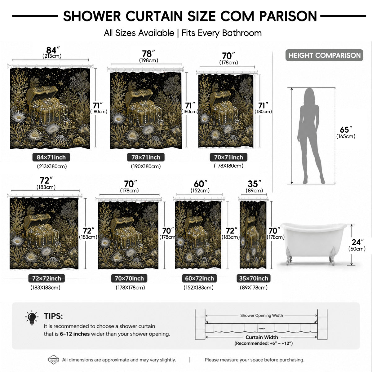 Vintage Ocean Animals Shower Curtain Nautical Gold Waterproof Decor