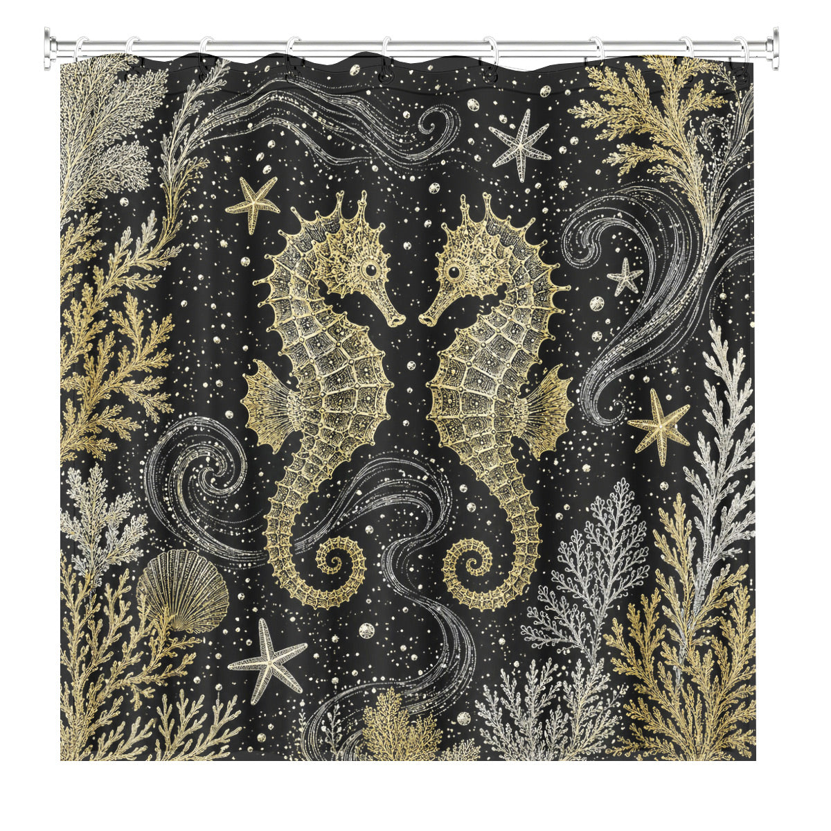 Vintage Ocean Animals Shower Curtain Nautical Gold Waterproof Decor