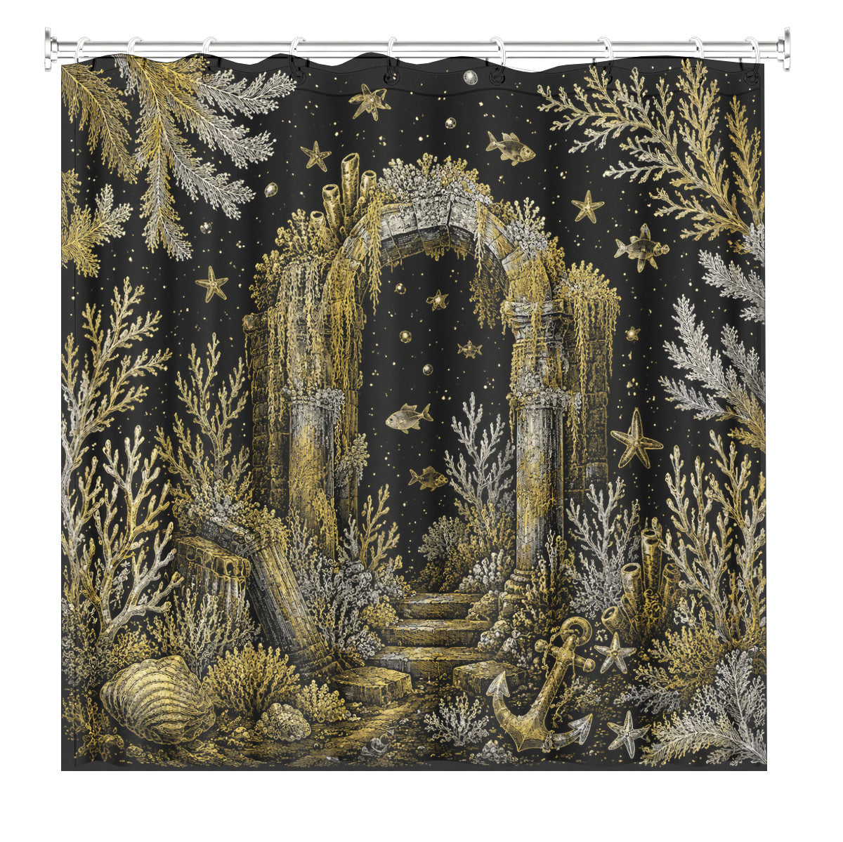 Vintage Ocean Animals Shower Curtain Nautical Gold Waterproof Decor
