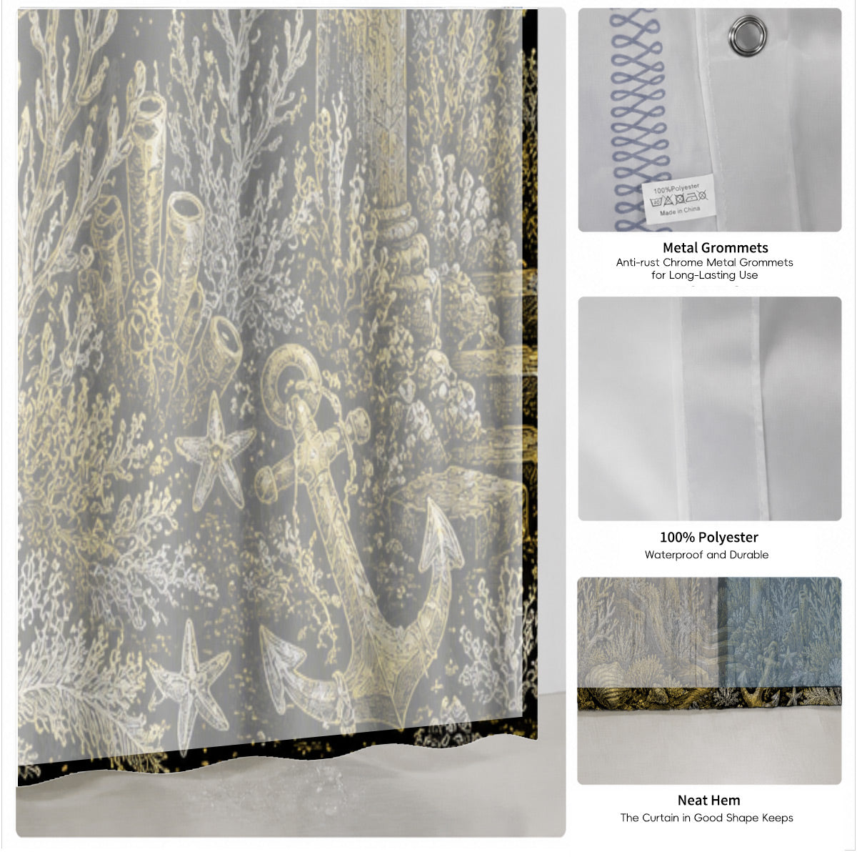 Vintage Ocean Animals Shower Curtain Nautical Gold Waterproof Decor