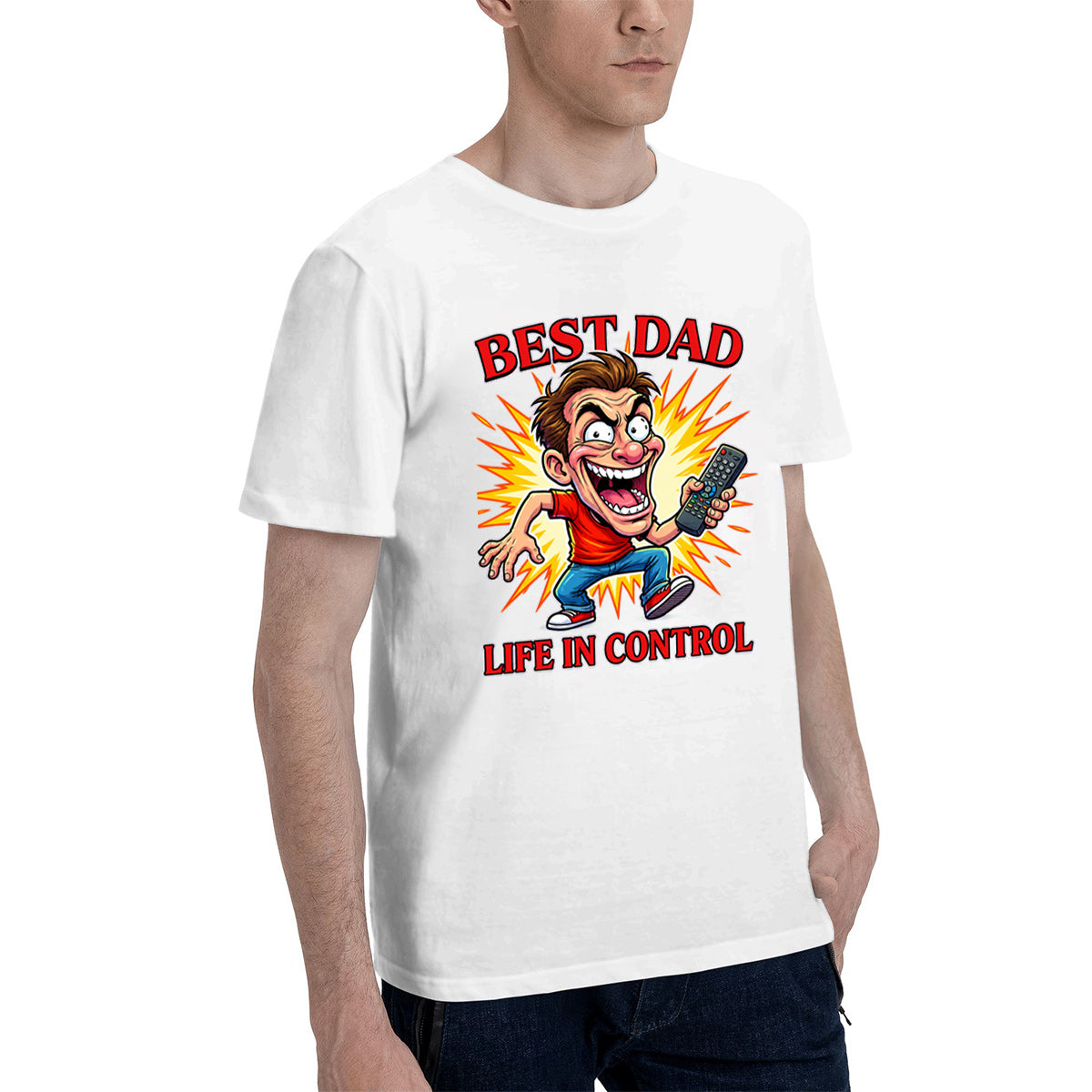 Men's Cotton Best Dad Life In Control Funny Cartoon Graphic T-Shirt Casual Everyday Tee