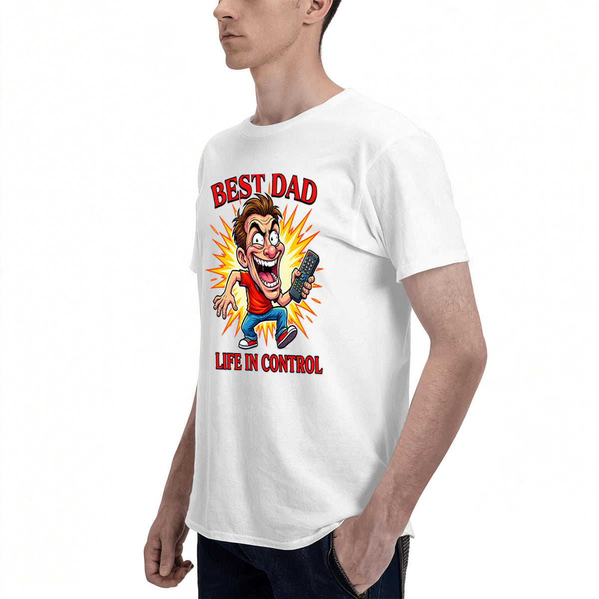 Men's Cotton Best Dad Life In Control Funny Cartoon Graphic T-Shirt Casual Everyday Tee