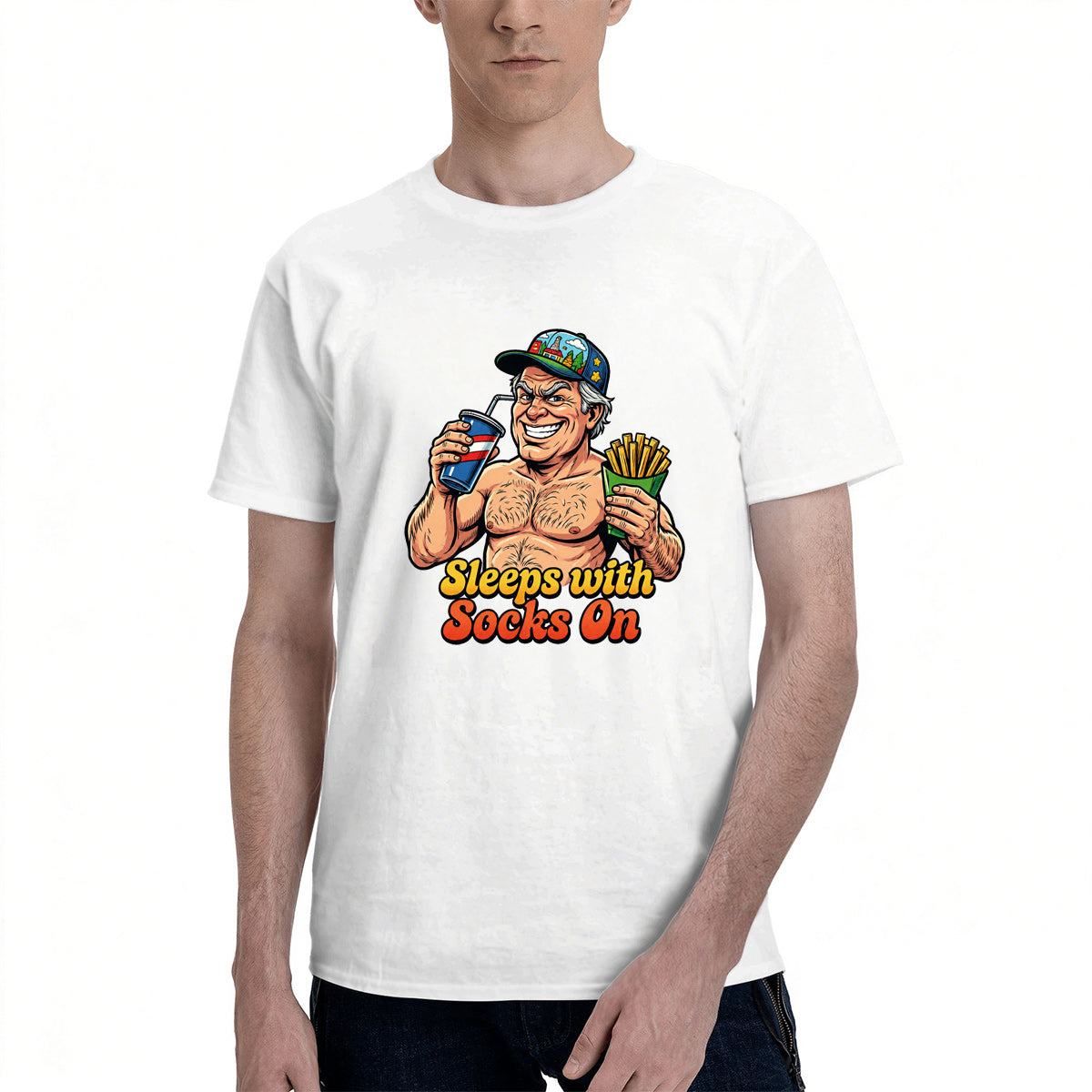 Men's Cotton Sleeps With Socks On Funny Graphic T-Shirt Casual Short Sleeve Tee