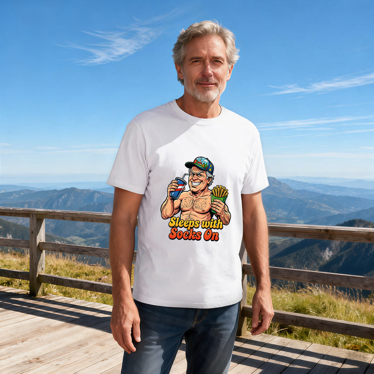 Men's Cotton Sleeps With Socks On Funny Graphic T-Shirt Casual Short Sleeve Tee