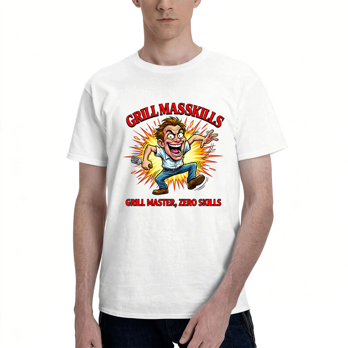 Men's Premium Cotton Funny Grill Master Cartoon Graphic Tee Casual White BBQ T-Shirt