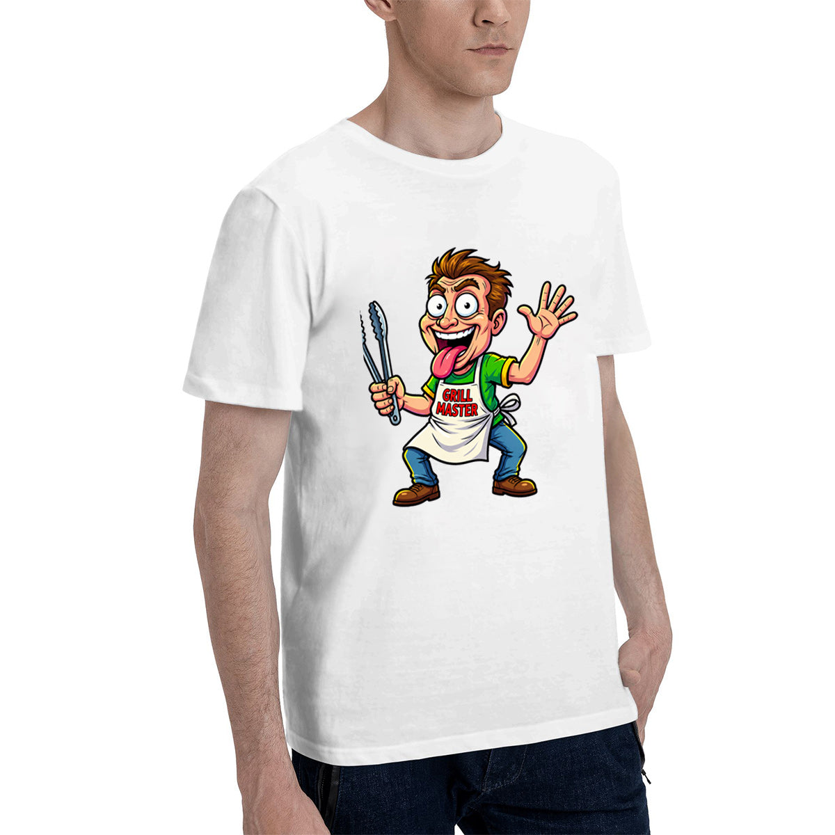 Men's Premium Cotton Funny Grill Master Cartoon Graphic Tee Casual White BBQ T-Shirt