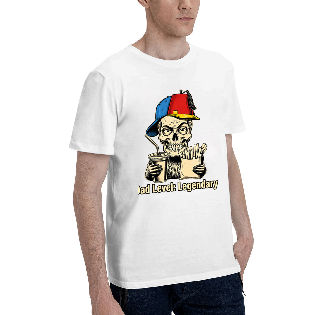 Men's Premium Cotton Dad Level Legendary Skull Graphic Tee Casual White Crew Neck T-Shirt