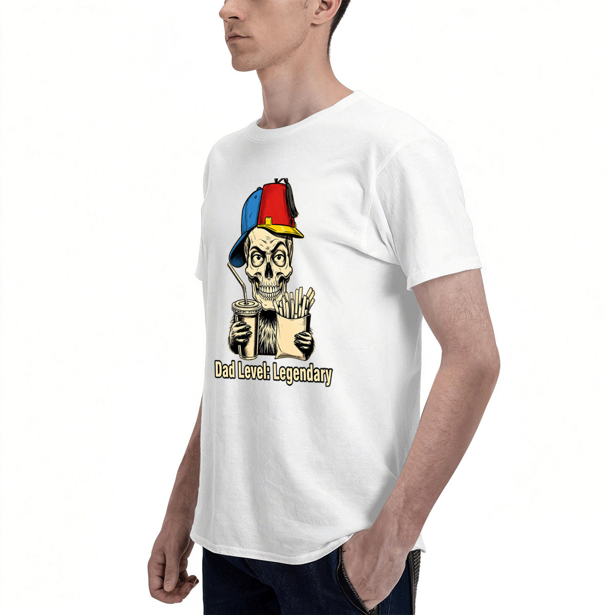 Men's Premium Cotton Dad Level Legendary Skull Graphic Tee Casual White Crew Neck T-Shirt