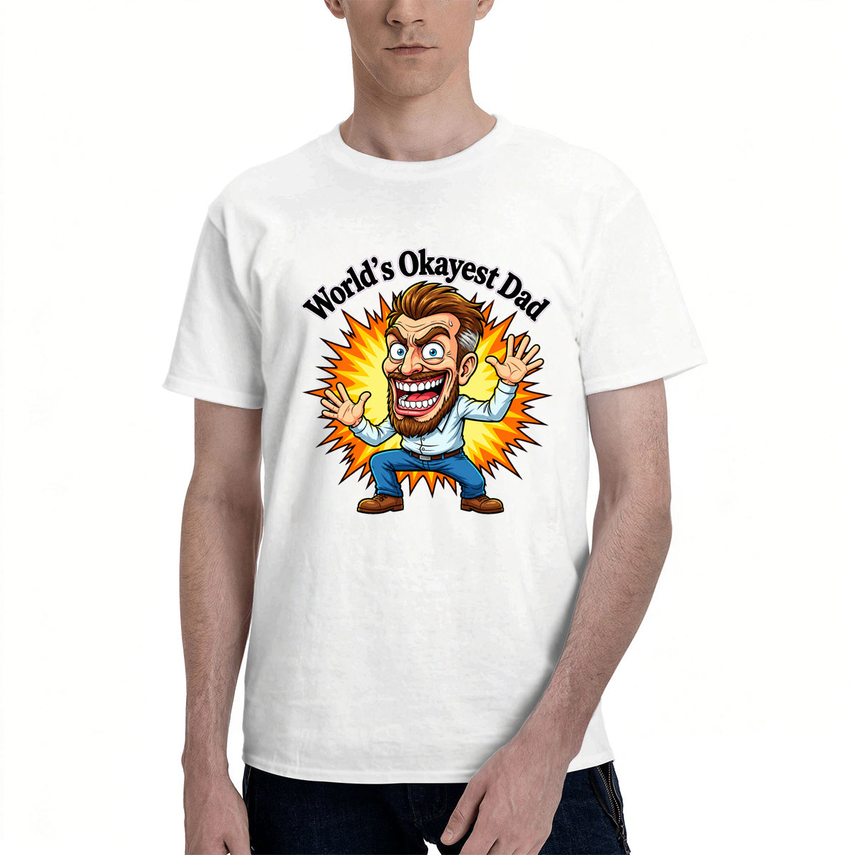 Men's Cotton World's Okayest Dad Funny Cartoon Graphic Tee for Father's Day Casual Wear
