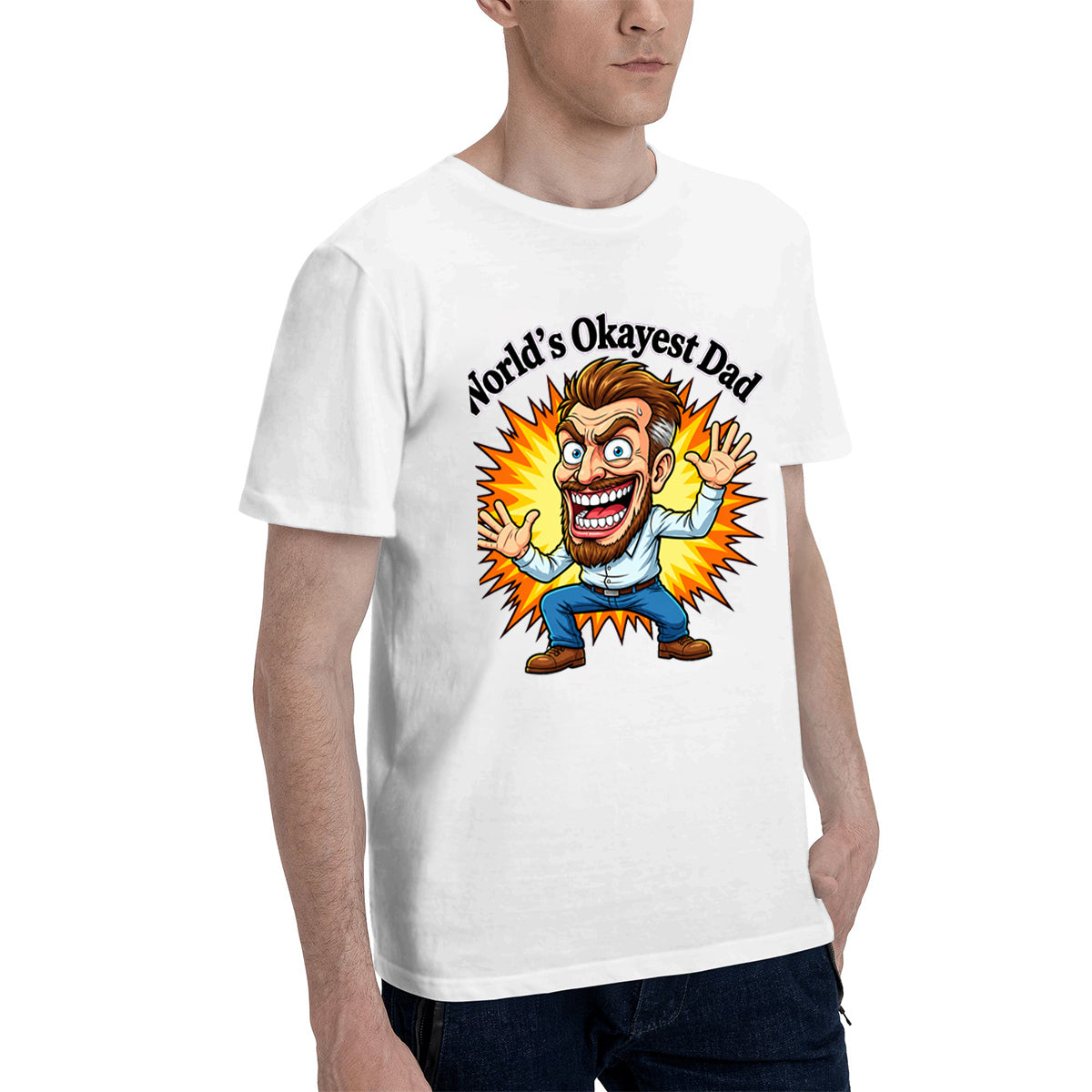Men's Cotton World's Okayest Dad Funny Cartoon Graphic Tee for Father's Day Casual Wear