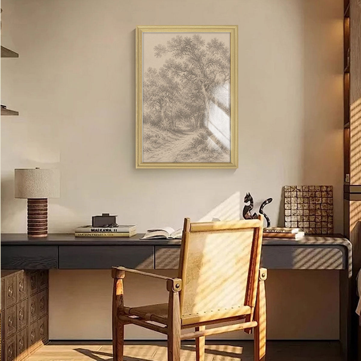 Vintage Sketch Landscape Canvas Wall Art Rustic Neutral Framed Home Decor Gift
