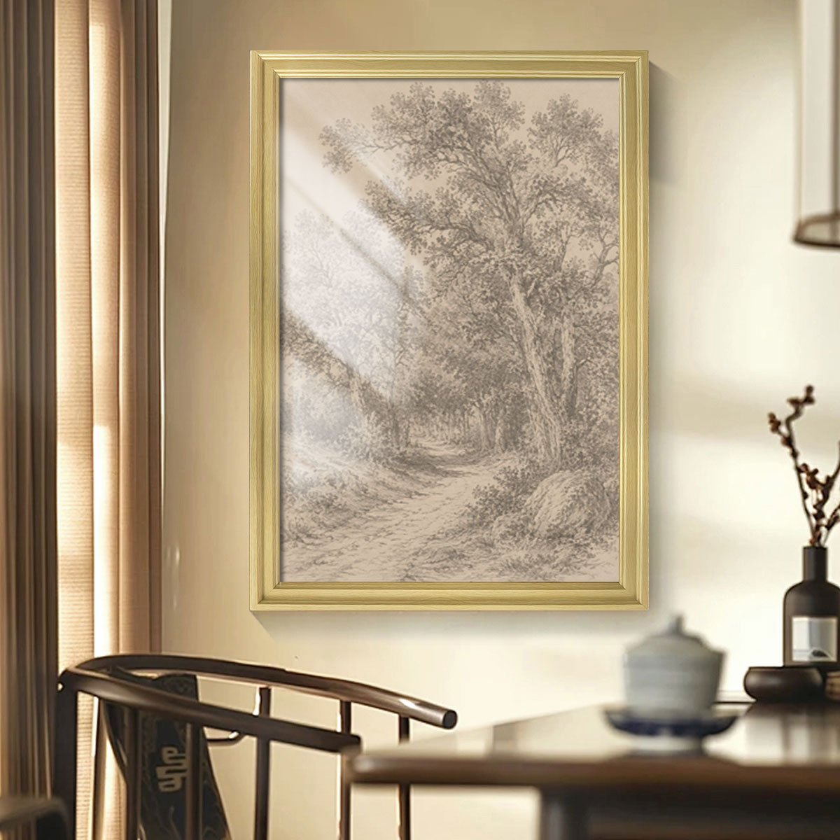 Vintage Sketch Landscape Canvas Wall Art Rustic Neutral Framed Home Decor Gift