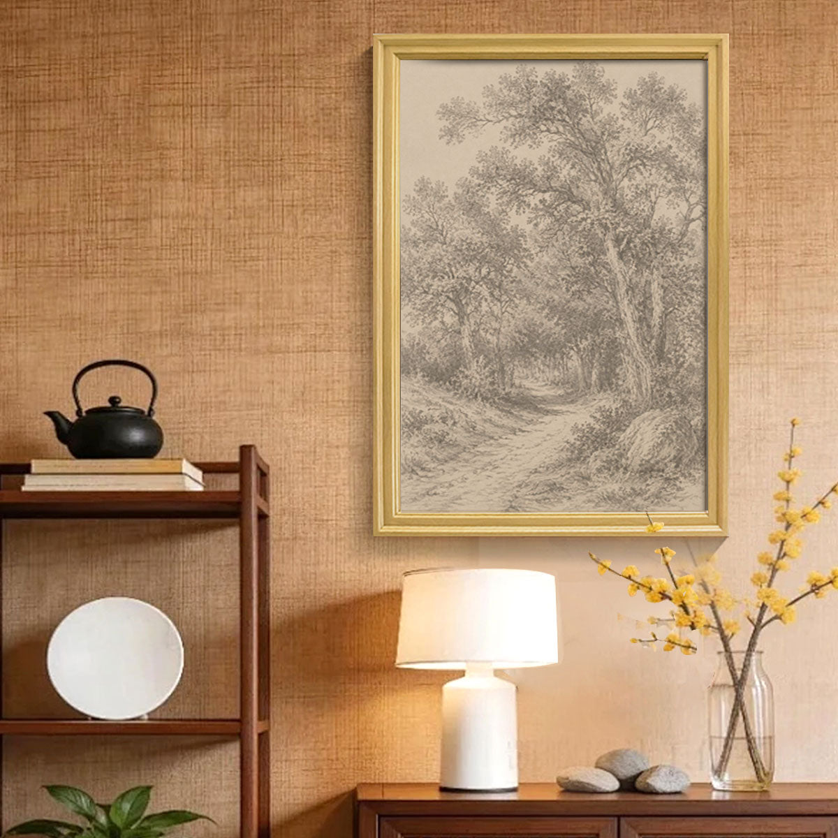 Vintage Sketch Landscape Canvas Wall Art Rustic Neutral Framed Home Decor Gift