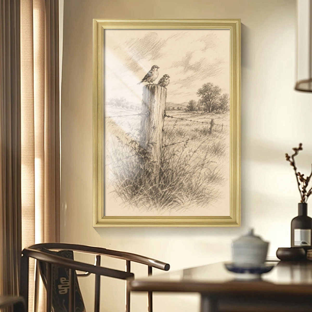 Vintage Pine Forest Sketch Canvas Wall Art Rustic Cabin Framed Home Decor Gift